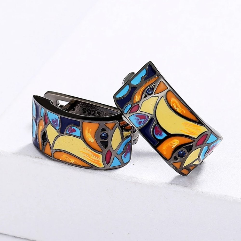 Sterling silver earrings with Multicolor acrylic accents. - Picture 2 of 4